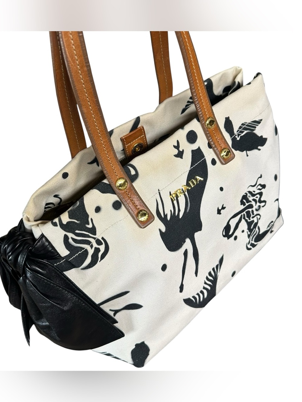 Prada White & Black Mermaid Stampata Canapa & Leather Bow Stampada Bag - Picture 15 of 15